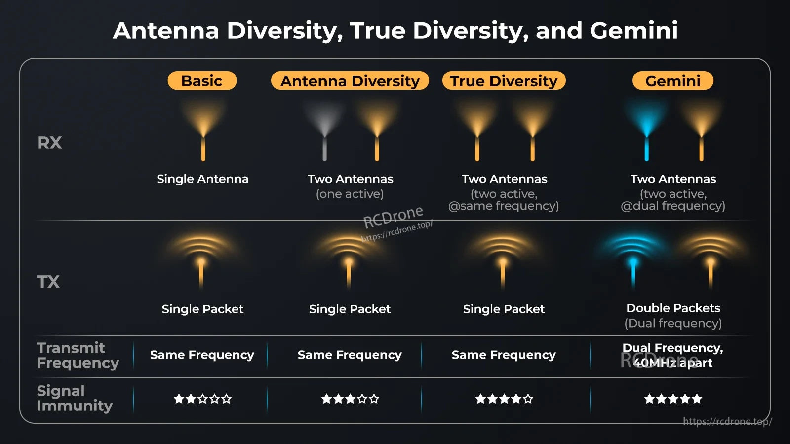 Infographic comparing Basic, Antenna Diversity, True Diversity, and Gemini packet transmission and signal immunity