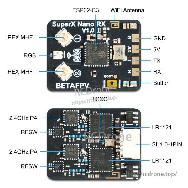 SuperX Nano RX board layout with labeled ESP32-C3, dual IPEX MHF I antenna ports, RGB, button, and SH1.0 connector