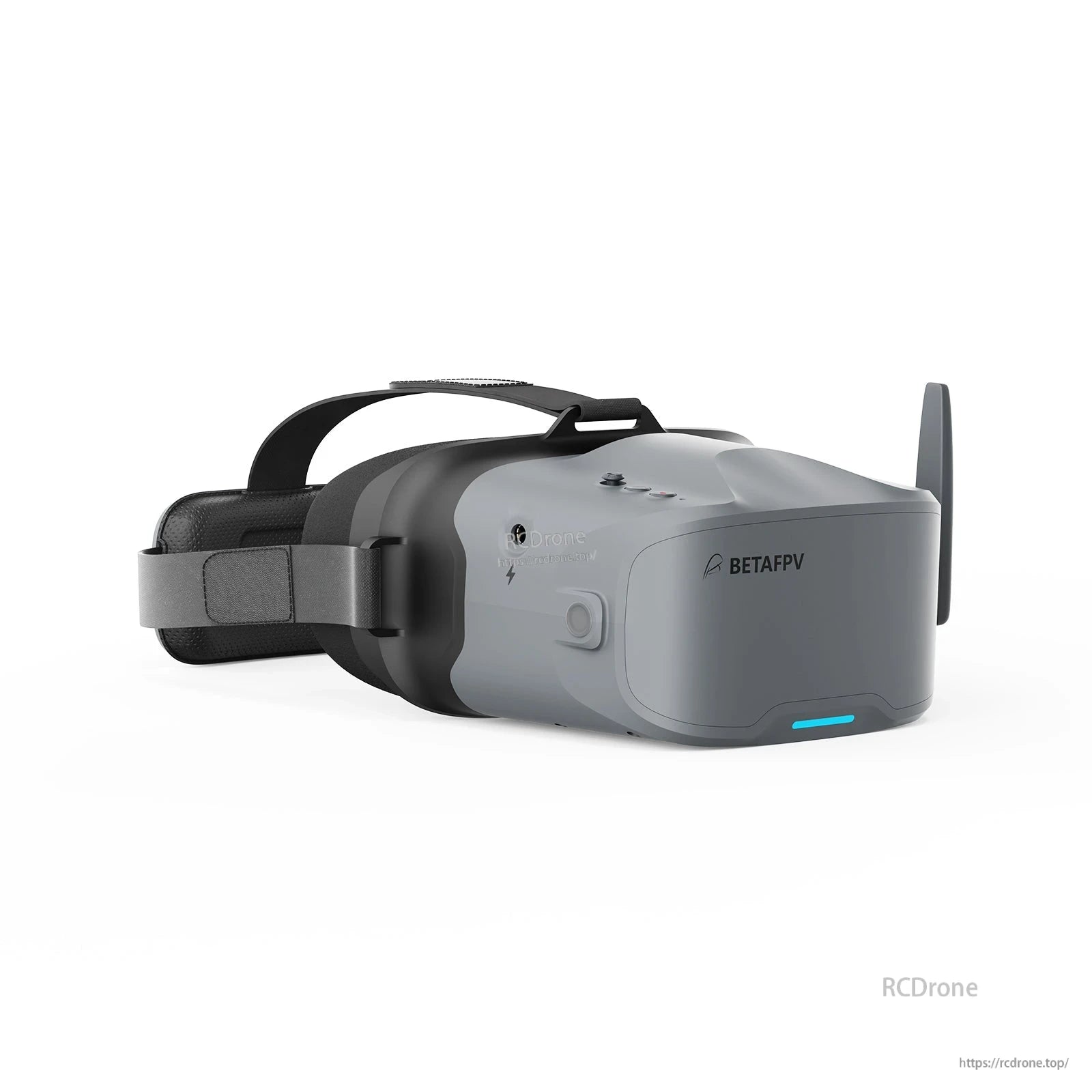 BetaFPV VR04 analog FPV goggles with adjustable head strap, grey visor, and right-side antenna