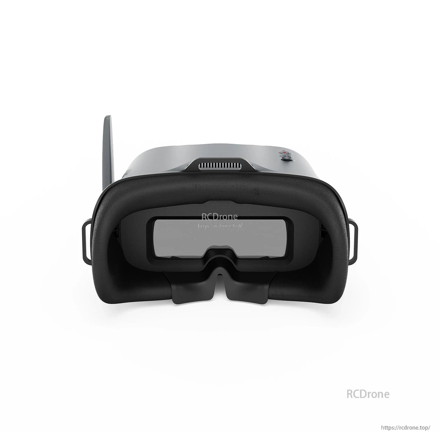 BetaFPV VR04 analog FPV goggles front view with built-in antenna, cushioned face foam, and top control buttons
