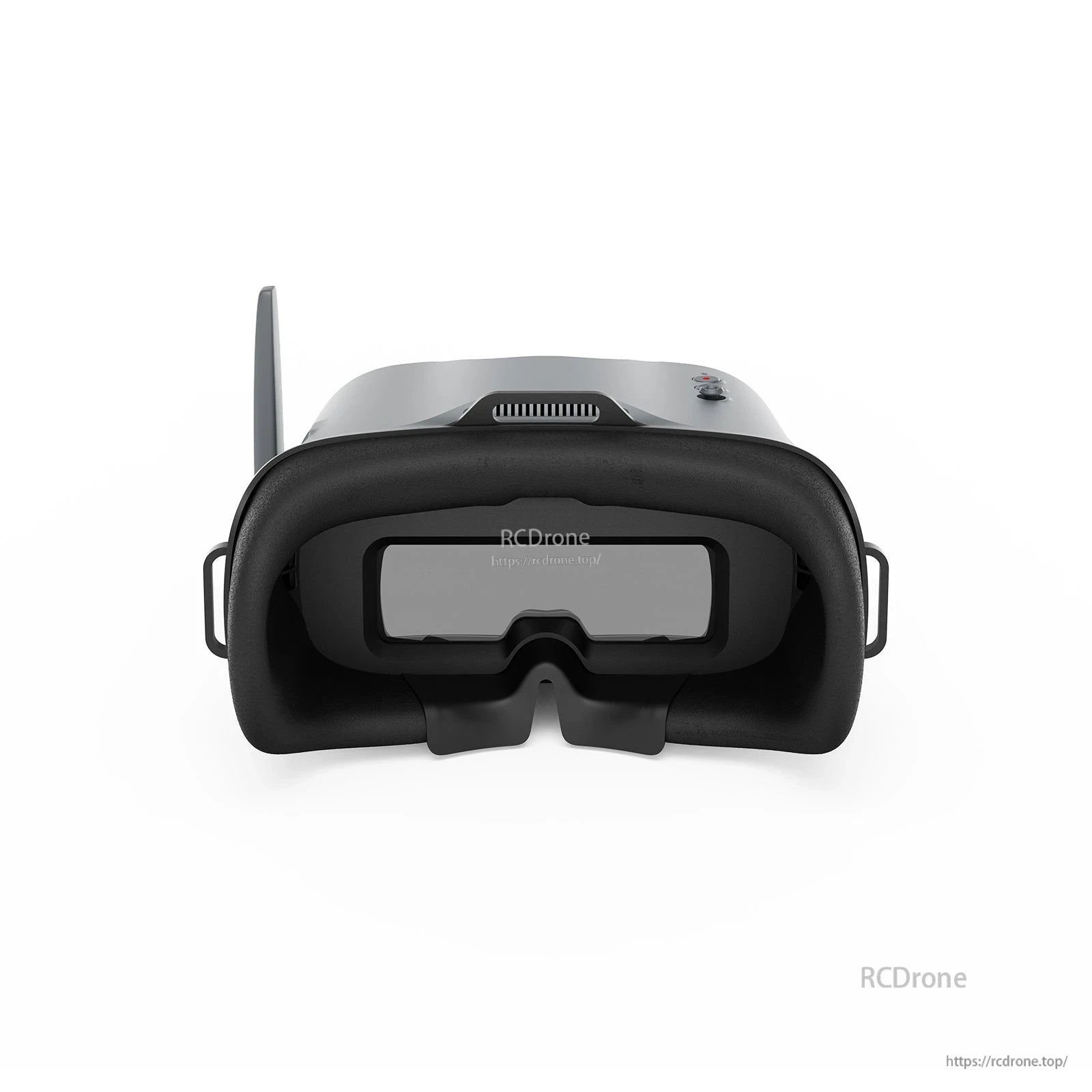 BetaFPV VR04 analog FPV goggles front view with built-in antenna, cushioned face foam, and top control buttons