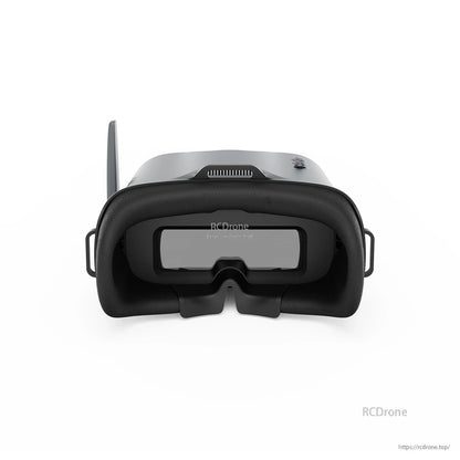 BetaFPV VR04 analog FPV goggles front view with built-in antenna, cushioned face foam, and top control buttons