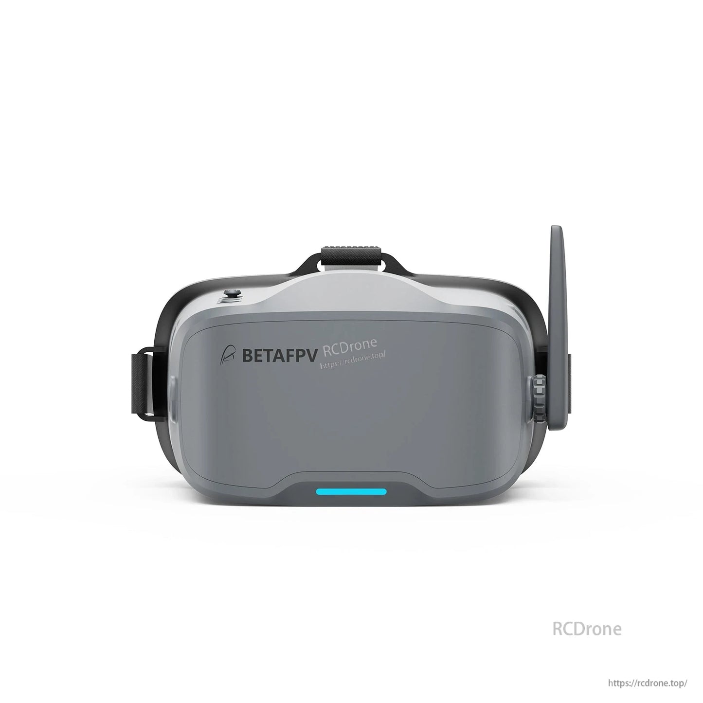 BetaFPV VR04 analog FPV goggles front view with adjustable head strap and right-side antenna