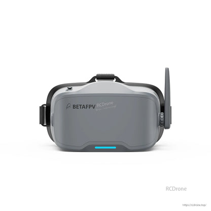 BetaFPV VR04 analog FPV goggles front view with adjustable head strap and right-side antenna