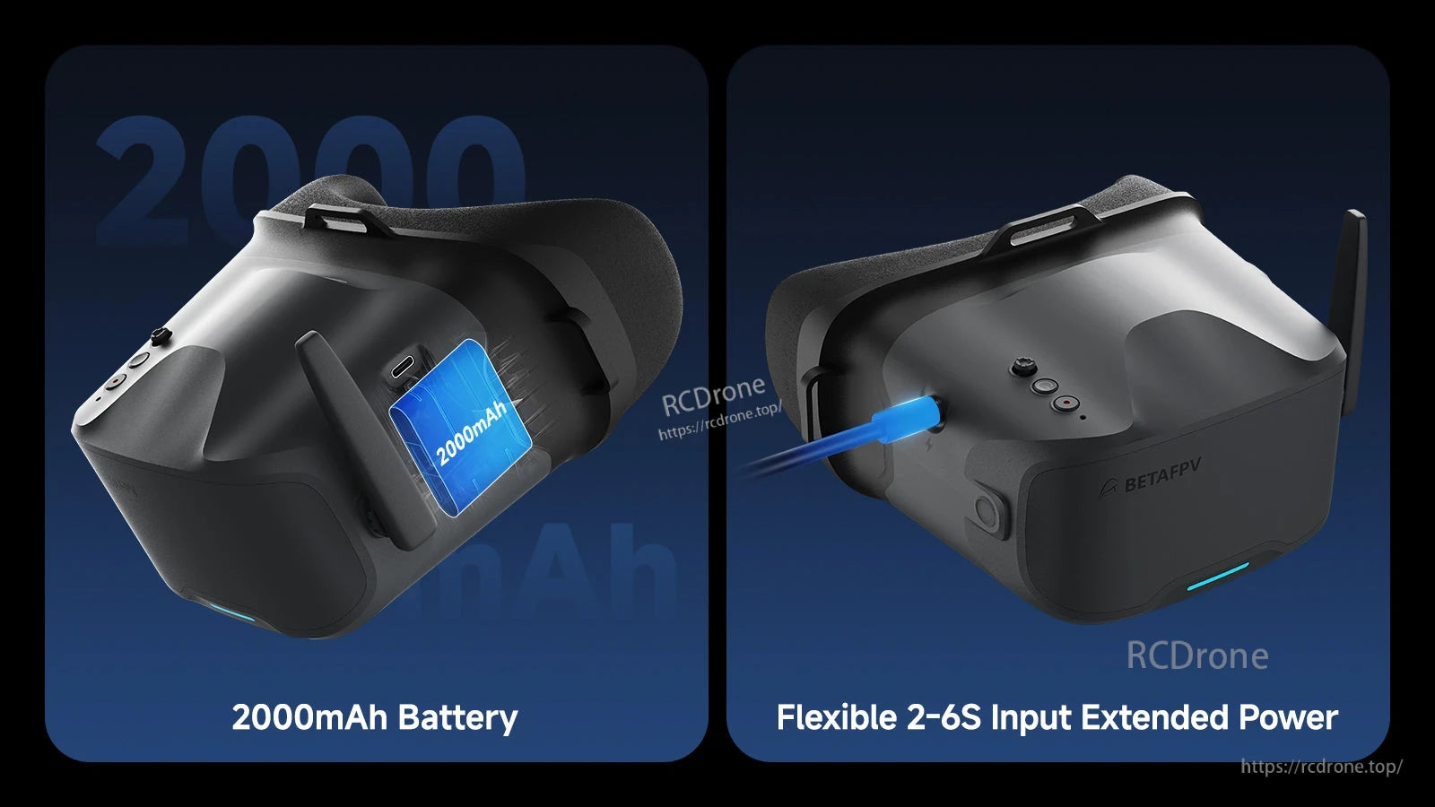 BetaFPV VR04 analog FPV goggles with built-in 2000mAh battery and 2–6S power input port