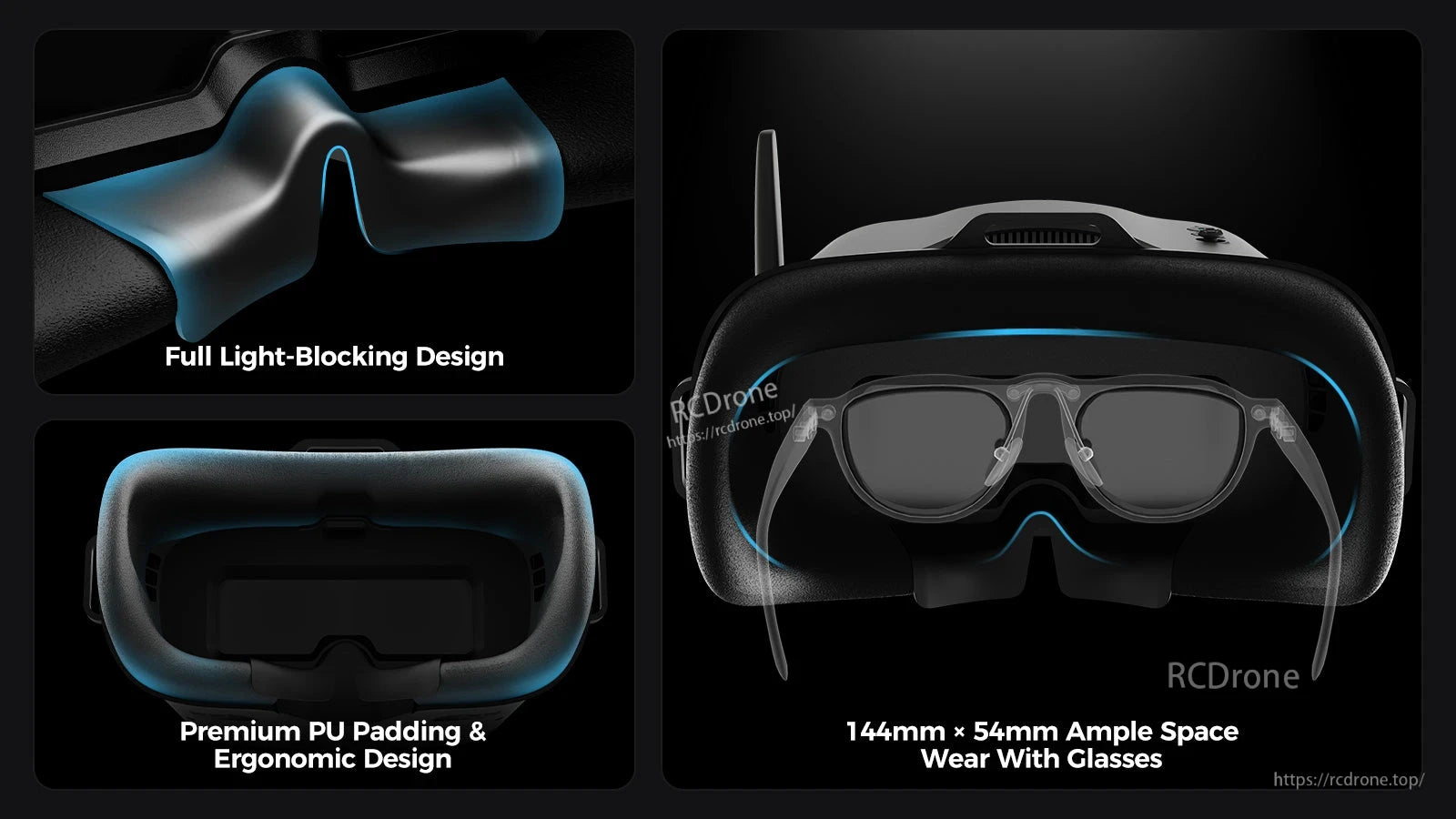 BetaFPV VR04 analog FPV goggles with light-blocking face foam, PU padding, and roomy fit for glasses