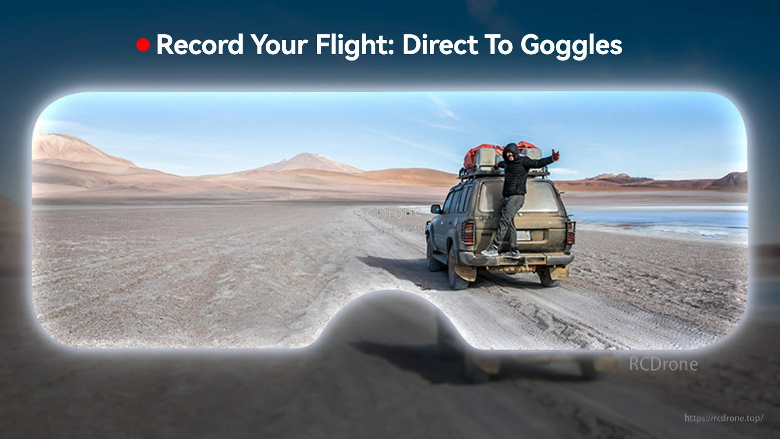 BetaFPV VR04 HD FPV goggle display view with text 'Record Your Flight: Direct To Goggles' over a landscape scene