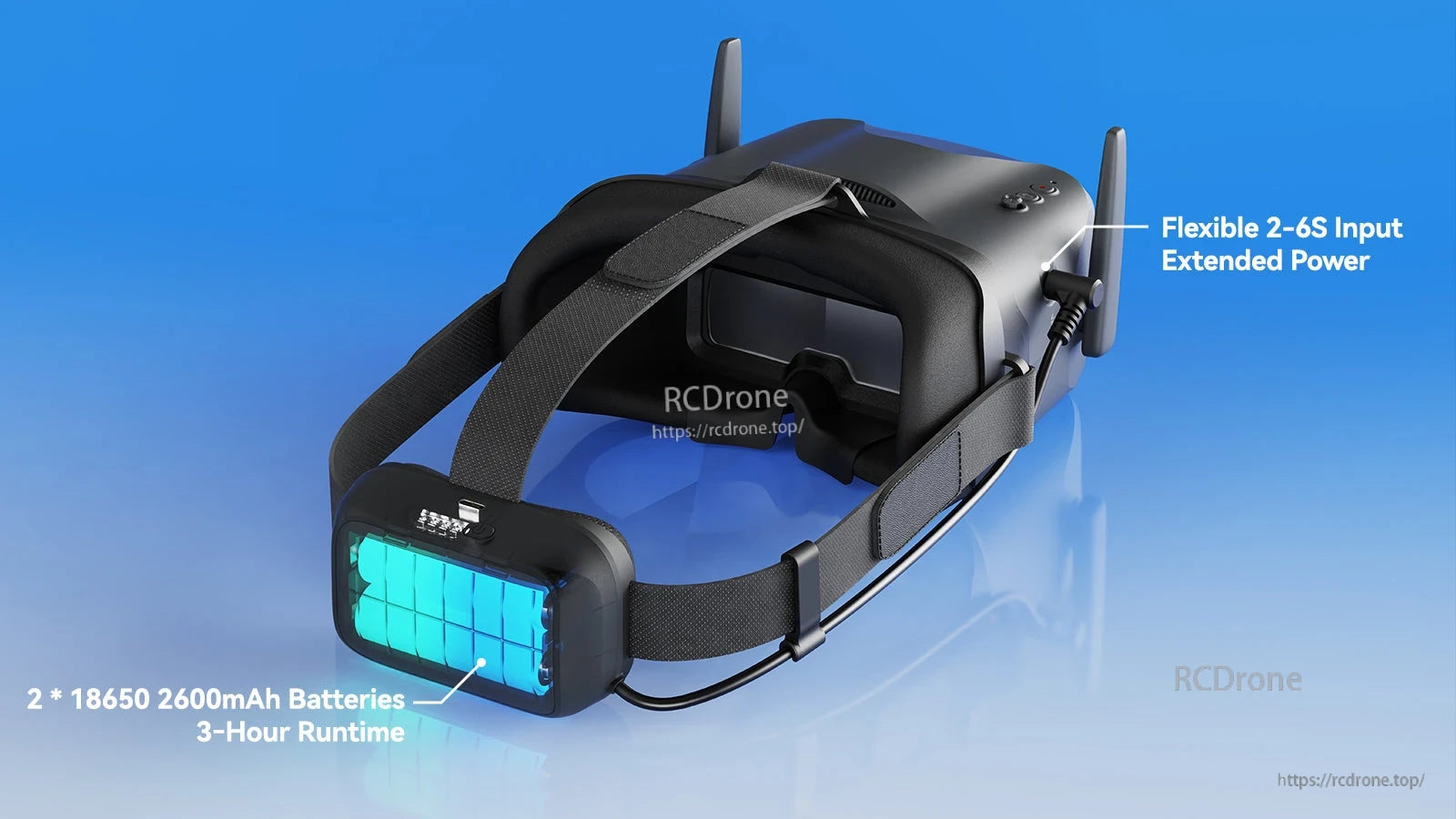BetaFPV VR04 HD FPV goggles with dual antennas, adjustable head strap, and external 18650 battery pack