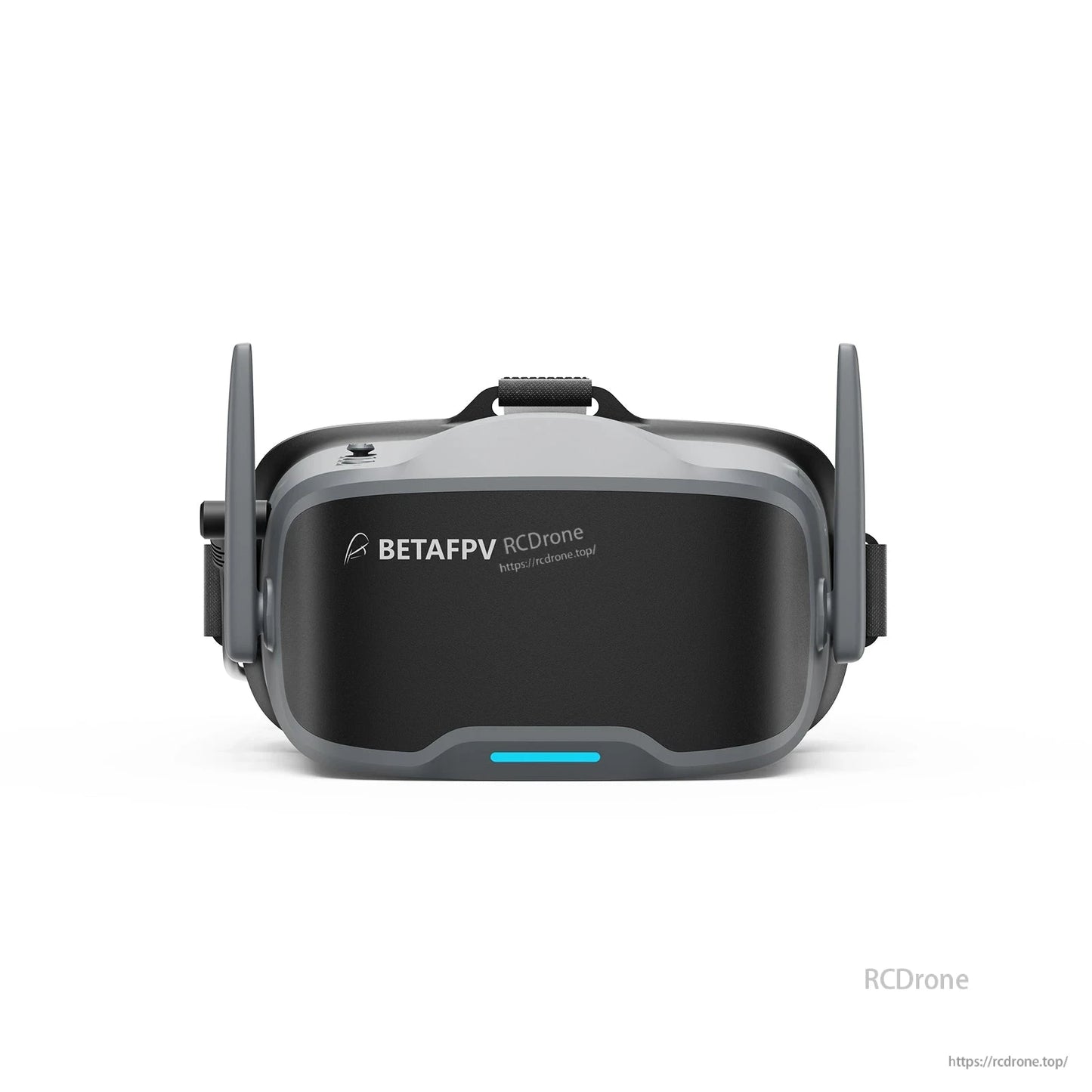 Front view of BetaFPV VR04 HD FPV goggles with dual side antennas, head strap, and wraparound visor