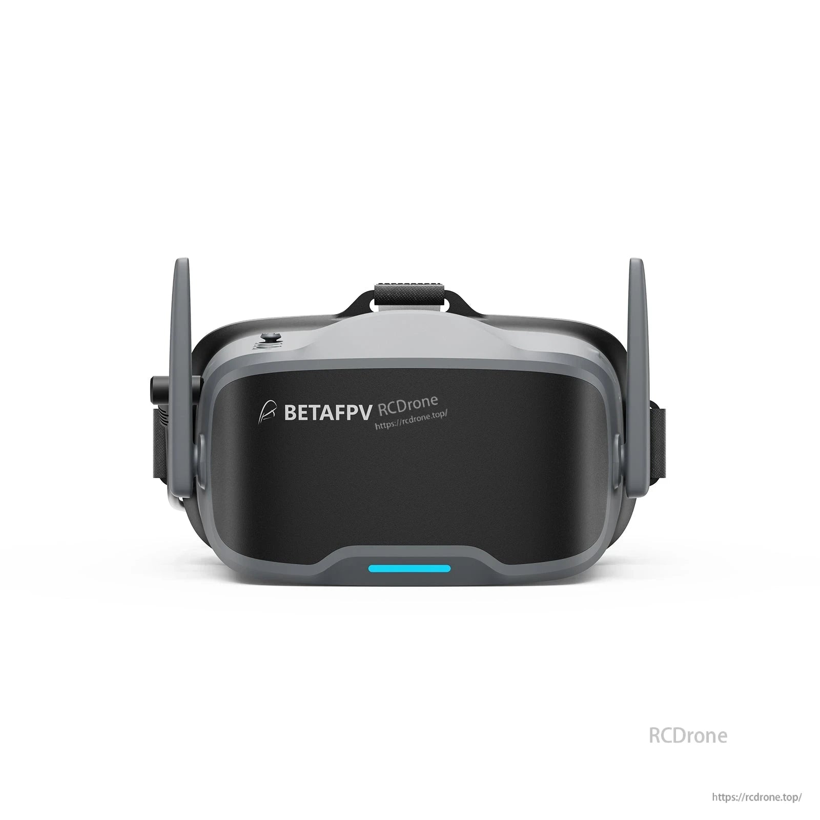 Front view of BetaFPV VR04 HD FPV goggles with dual side antennas, head strap, and wraparound visor