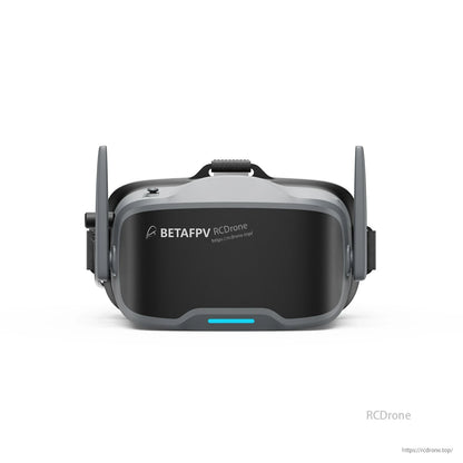 Front view of BetaFPV VR04 HD FPV goggles with dual side antennas, head strap, and wraparound visor