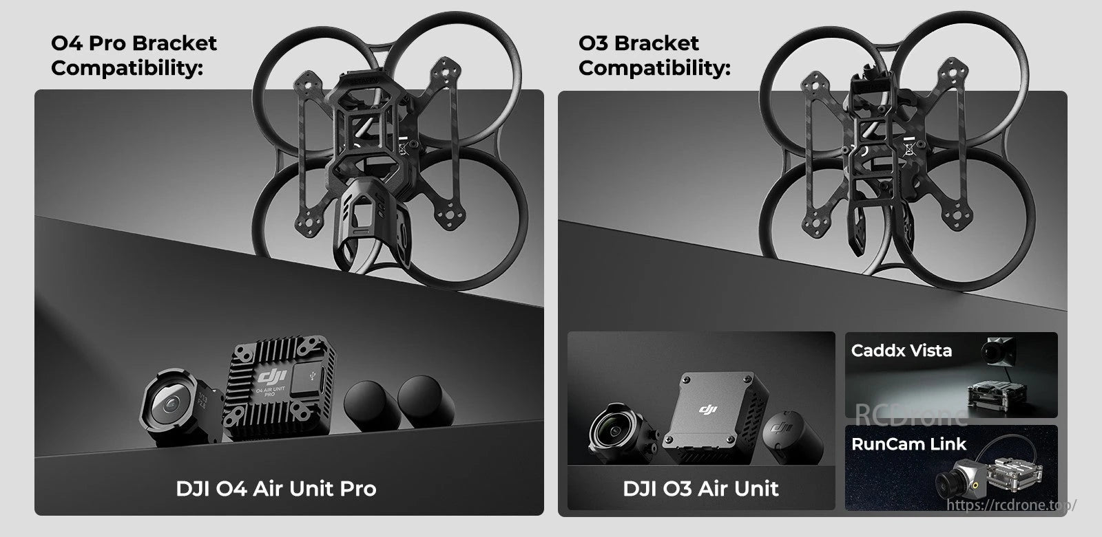 BetaFPV, O4 Pro Bracket for DJI O4 Air Unit Pro, O3 Bracket for DJI O3 Air Unit, Caddx Vista, RunCam Link compatibility.