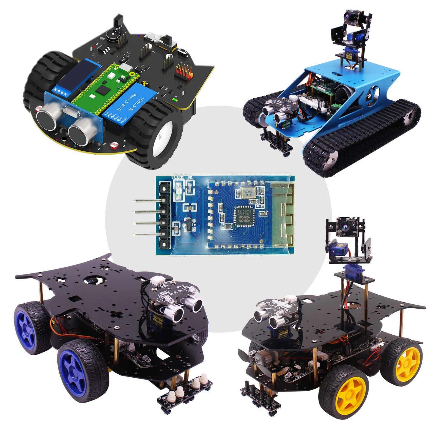 Yahboom Bluetooth 5.0 CC2541 BLE module shown with smart car and robot application examples