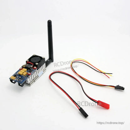 Package contents: FPV transmitter with antenna plus power lead and 3-wire video/signal cable