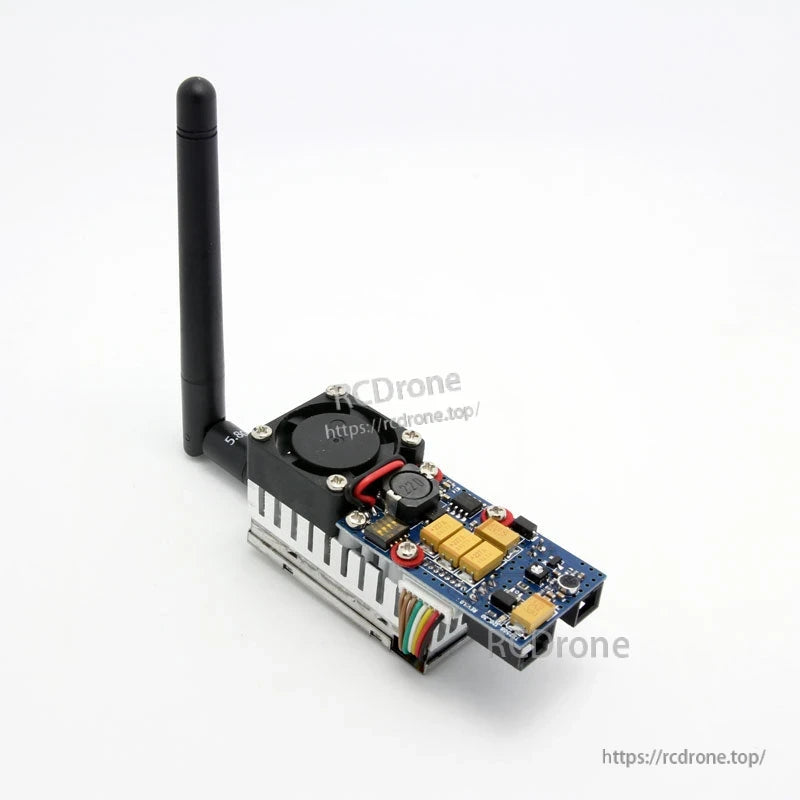 Boscam 5.8GHz 8-channel FPV video transmitter angled view with upright antenna and cooling fan