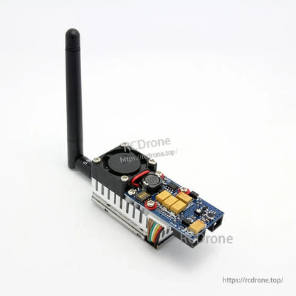Boscam 5.8GHz 8-channel FPV video transmitter angled view with upright antenna and cooling fan