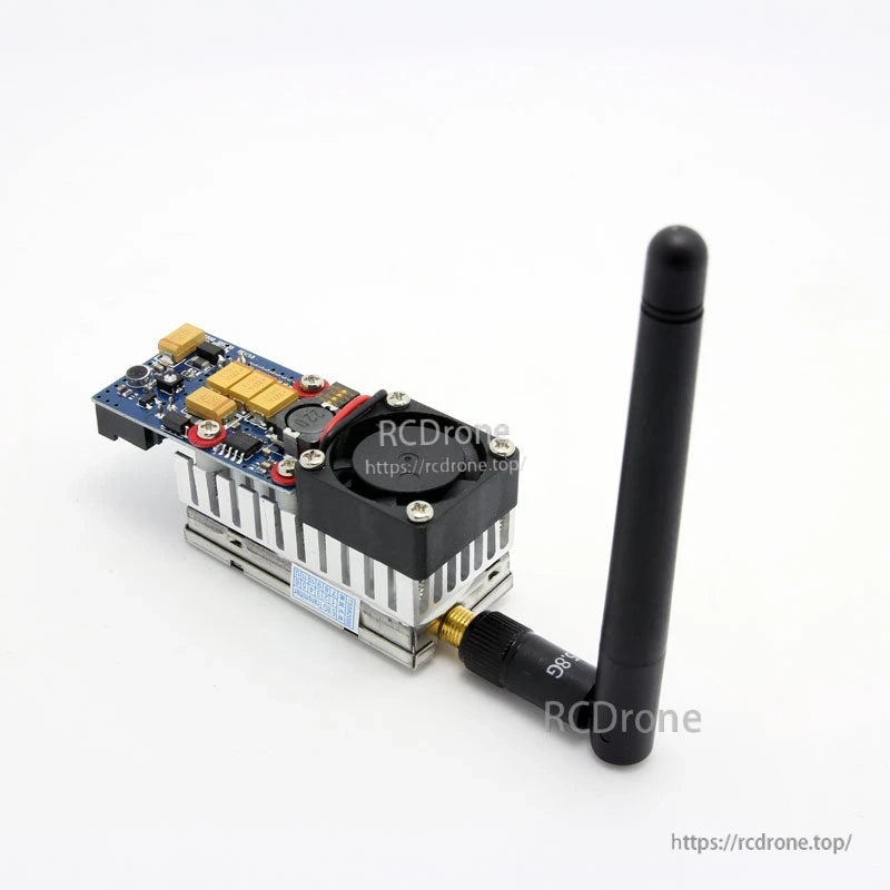 Three-quarter rear angle highlighting fan housing, heatsink block and antenna connection point