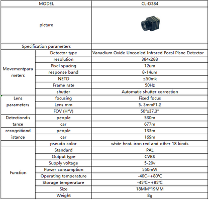 Boscam CL-D384 384x288 Thermal Camera, The Boscam CL-D384 thermal camera features a Vanadium Oxide detector for drone night vision, detecting people up to 530m away and recognizing them at 69m.