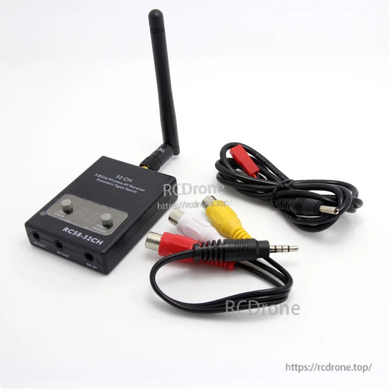 RC58-32CH receiver kit with antenna, AV RCA cable, and DC power lead included