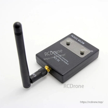 Angled side view of RC58-32CH with 5.8G antenna, showing top labeling and button layout