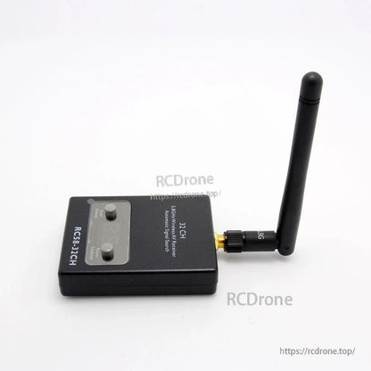 Side profile of RC58-32CH receiver showing LED display window and right-side antenna mount