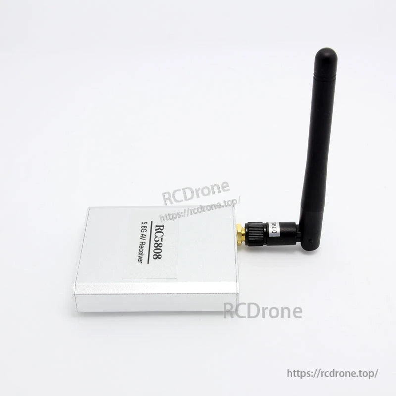 Side view of RC5808 receiver showing slim profile and right-angle antenna connection at RP-SMA