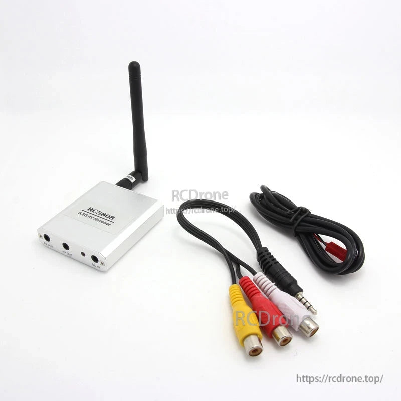 RC5808 receiver kit with antenna and AV output cables (yellow/red/white RCA and 3.5mm lead)