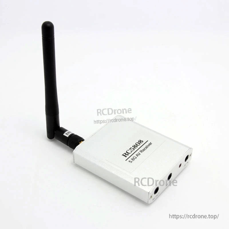 Boscam RC5808 FPV AV receiver angled top view with antenna attached, compact aluminum housing