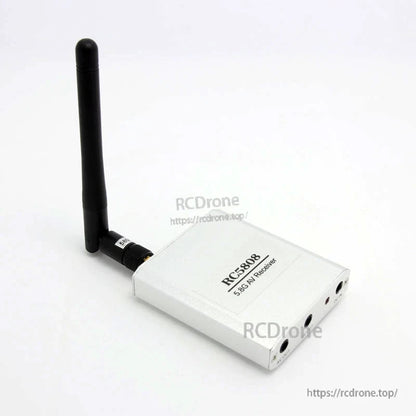 Boscam RC5808 FPV AV receiver angled top view with antenna attached, compact aluminum housing
