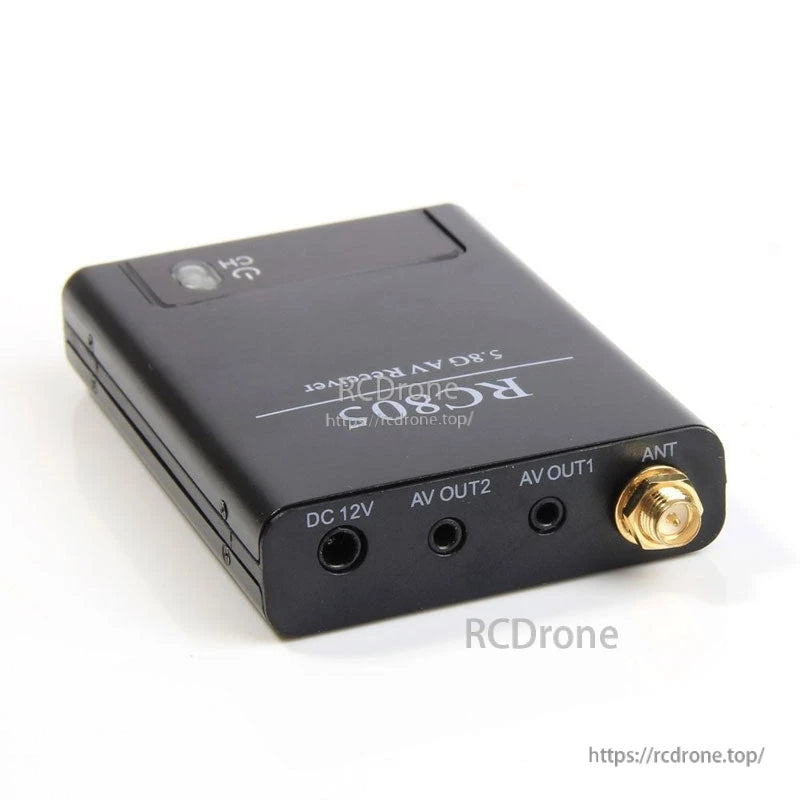 Boscam RC805 5.8G AV receiver ports close-up showing DC 12V, AV OUT1/OUT2 and ANT connector