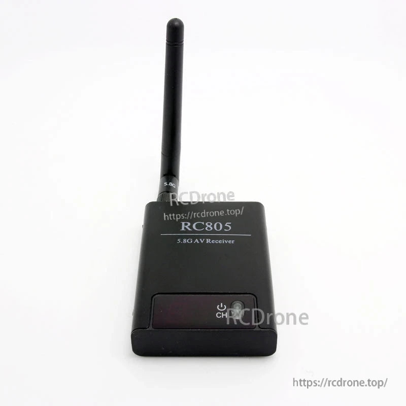 Front view of RC805 receiver with digital display window and CH/power button, antenna upright