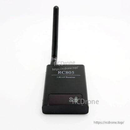 Front view of RC805 receiver with digital display window and CH/power button, antenna upright