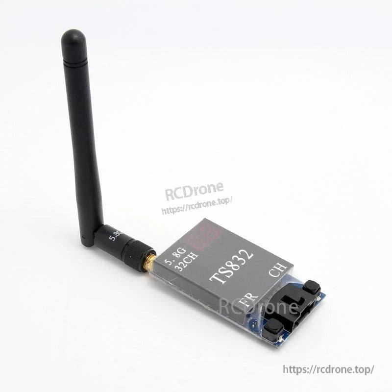 Boscam TS832 FPV video transmitter angled view with 5.8GHz antenna attached and channel display