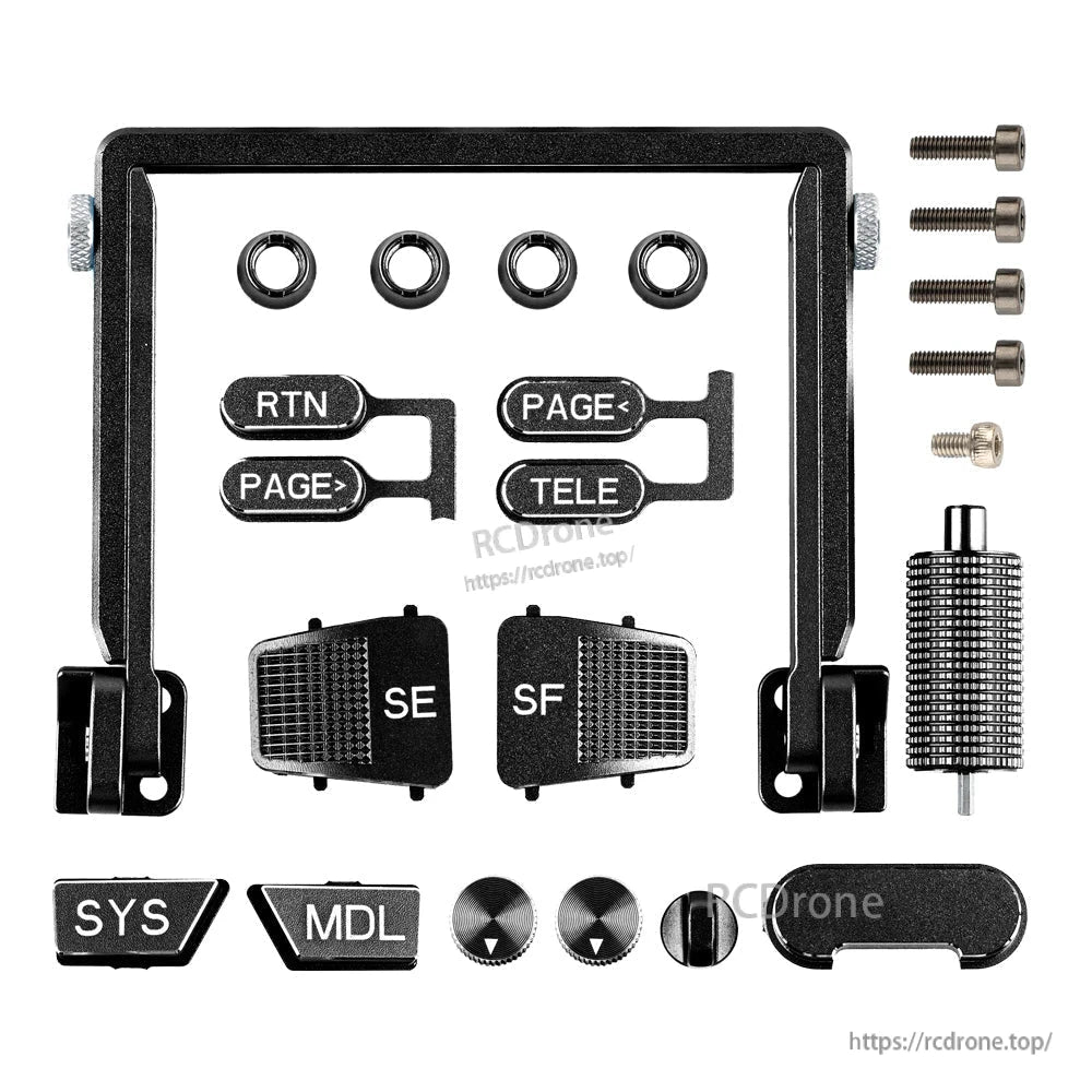 Black anodized CNC upgrade parts kit with frame bracket, RTN/PAGE/TELE caps, SE/SF pads, knob, and screws