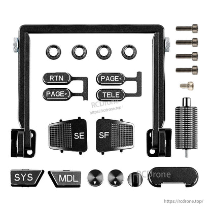 Black anodized CNC upgrade parts kit with frame bracket, RTN/PAGE/TELE caps, SE/SF pads, knob, and screws