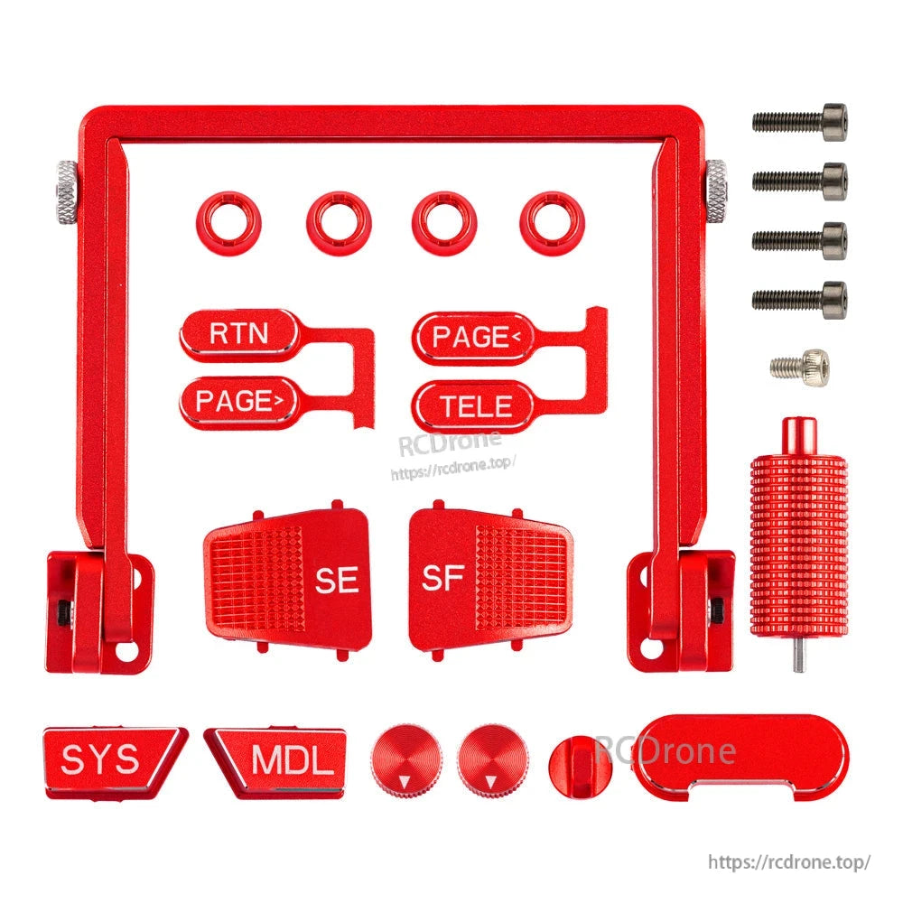 Red anodized CNC metal button caps and accessory parts set with labeled RTN, PAGE, TELE buttons and hardware