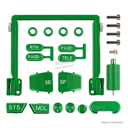 Green anodized CNC upgrade parts set with RTN/PAGE/TELE button caps, SE/SF thumb pads, knob, and screw set