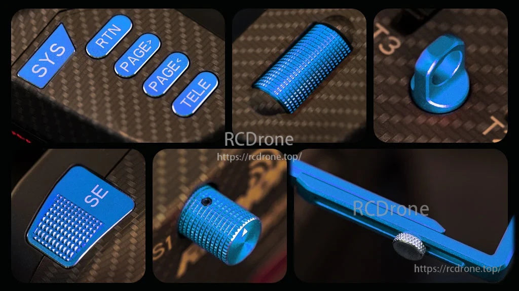 Boxer CNC Upgrade Parts Set in blue—metal button caps (SYS/RTN/PAGE/TELE/SE) and knurled knobs