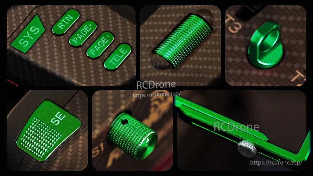 Green anodized CNC upgrade kit for Boxer radio controller with SYS/RTN/PAGE/TELE/SE button caps