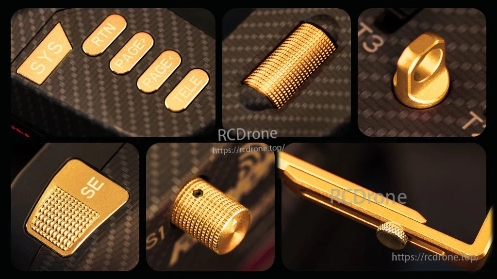 Gold CNC metal upgrade parts for Boxer transmitter, including legend button caps and textured knobs