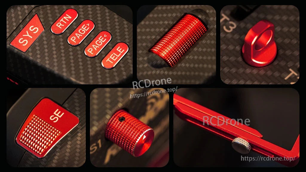 Red anodized CNC upgrade parts for Boxer transmitter with textured metal knob and SE button cap