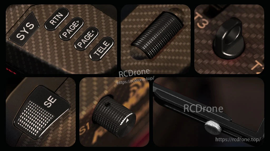 Black CNC metal upgrade parts set for Boxer radio controller with knurled grips and labeled button caps
