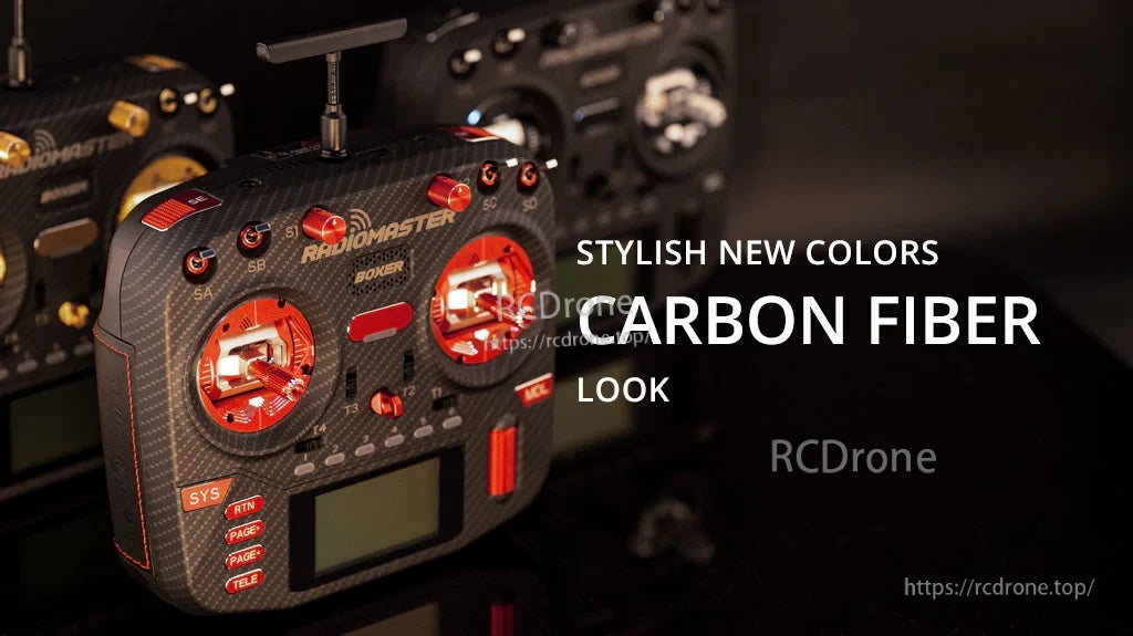 RadioMaster Boxer carbon fiber look faceplate set with red accent gimbals and matching front-panel styling
