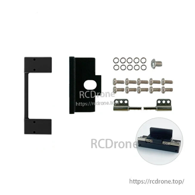 Mounting hardware layout showing parts, screws and washers, plus close-up inset of assembled mount