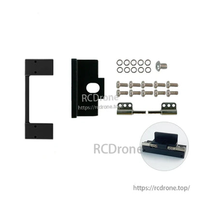 Mounting hardware layout showing parts, screws and washers, plus close-up inset of assembled mount