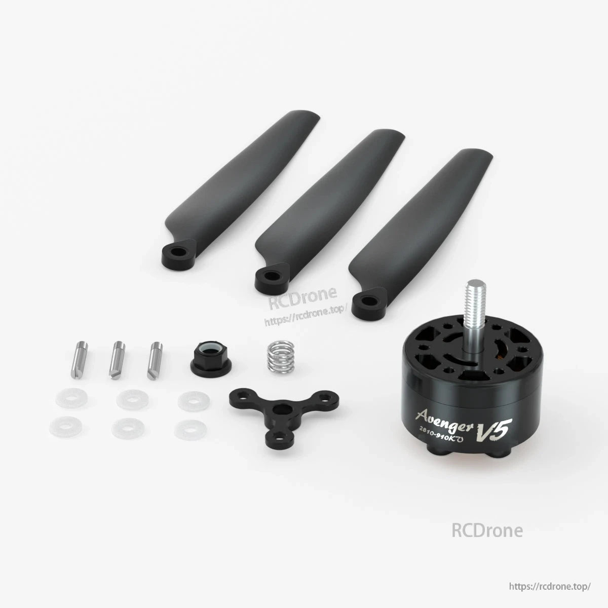 BrotherHobby Avenger V5 2810-910KV brushless motor with three propeller blades and mounting hardware