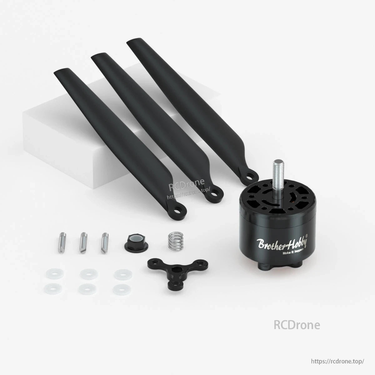 BrotherHobby brushless motor with three black propeller blades and mounting hardware on a white background