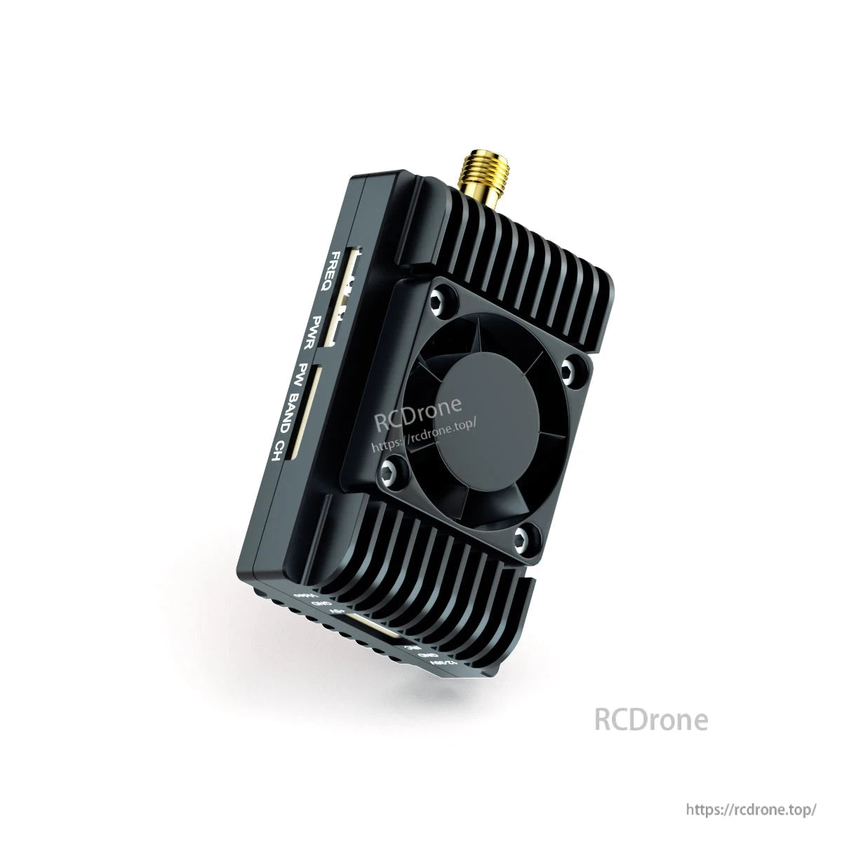 BrotherHobby Avenger FPV video transmitter with cooling fan, finned heatsink, USB‑C port, and SMA antenna connector