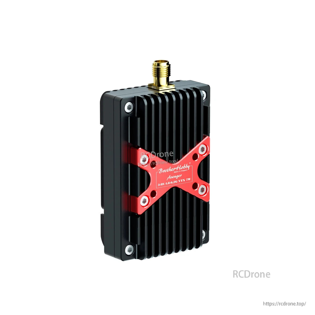 BrotherHobby Avenger FPV VTX module with black finned heatsink, red X brace, and top SMA antenna connector
