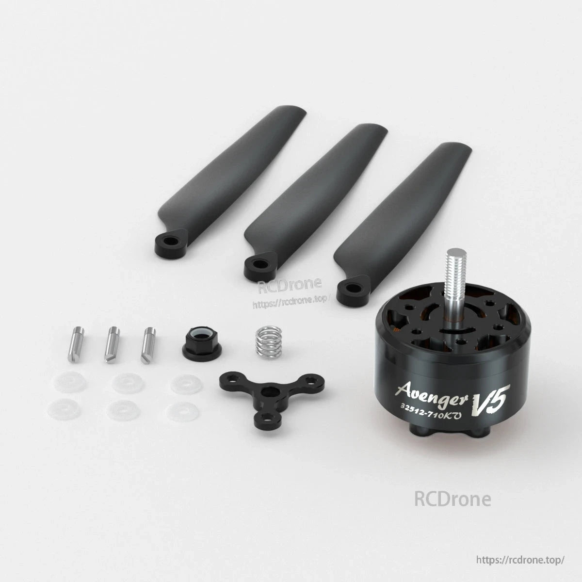 BrotherHobby Avenger V5 32512 710KV brushless motor with three propeller blades and mounting hardware set